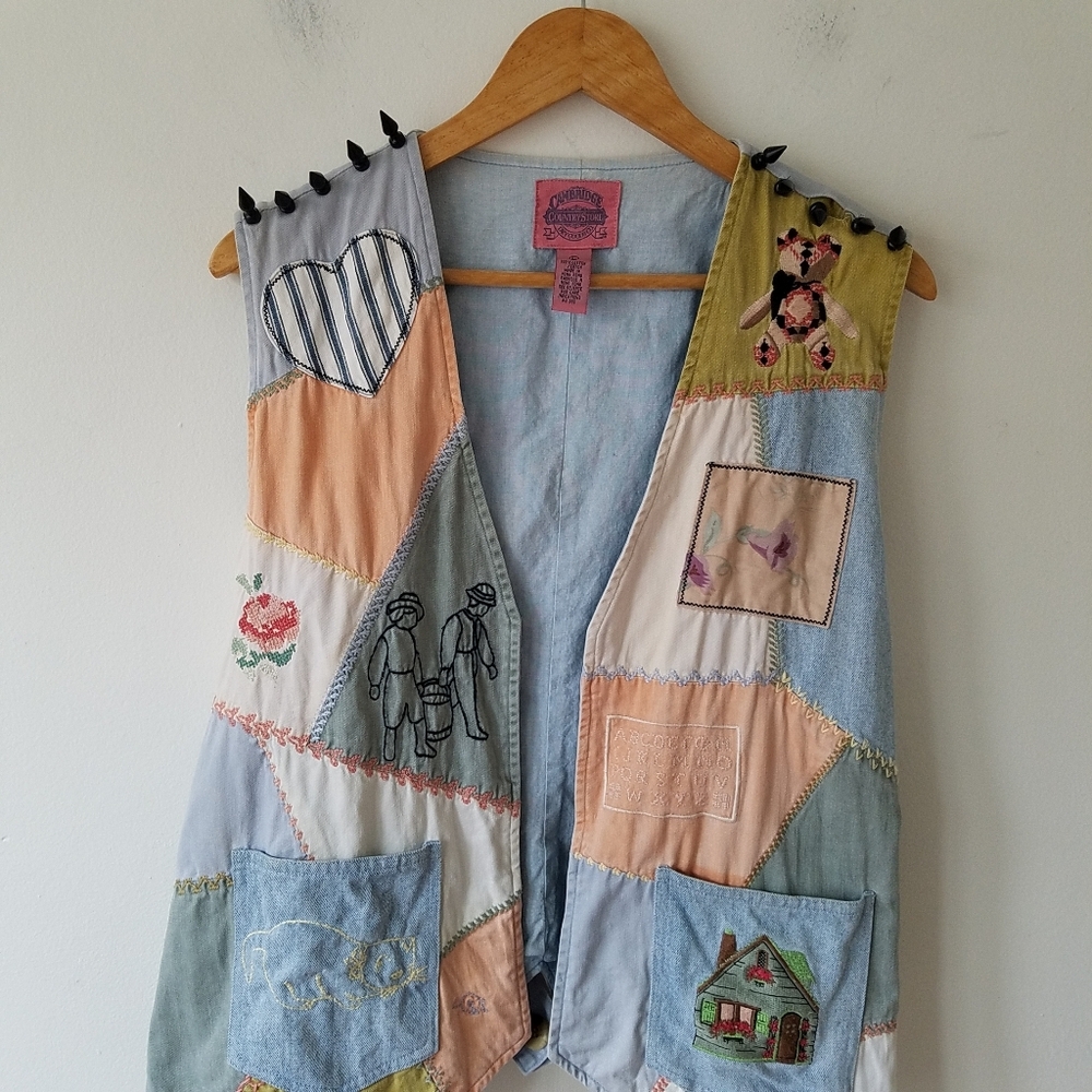 Vintage Cambridge Denim Embroidered Cat Patch Work Studded  Vest Jacket Large - Picture 7 of 14